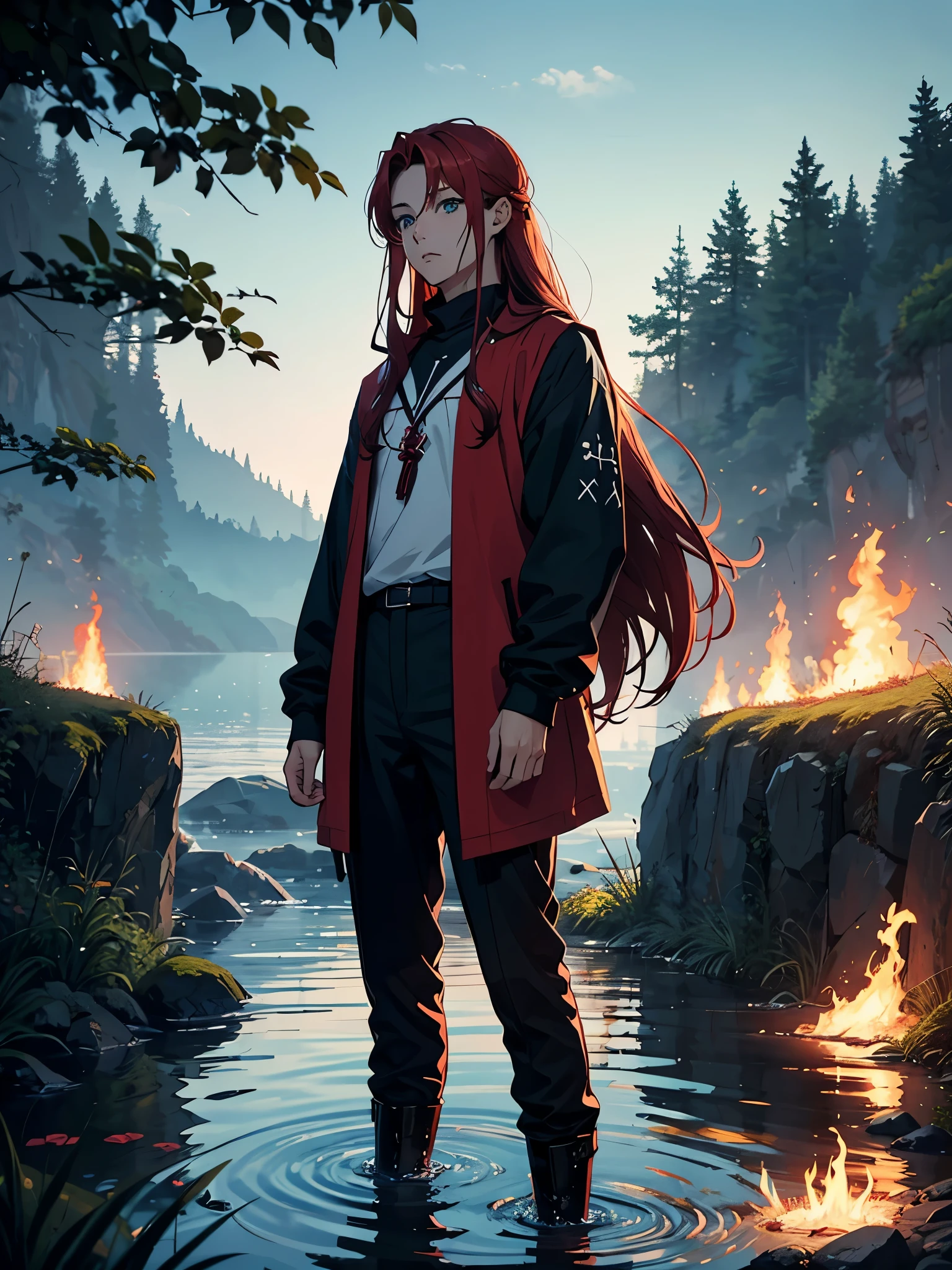 Runesmagie. Runes magie. Runes. 火. green clothes. More anime style. blue flames. 2d. flatter. anime style. Viking clothing. soft. More anime. Standing in a lake. More anime. More 2d. Clean. More anime. 2d. Glow. Red hair. More anime. male. Long hair. long red hair. boy, vikings. red hair. Blue eyes. fire.