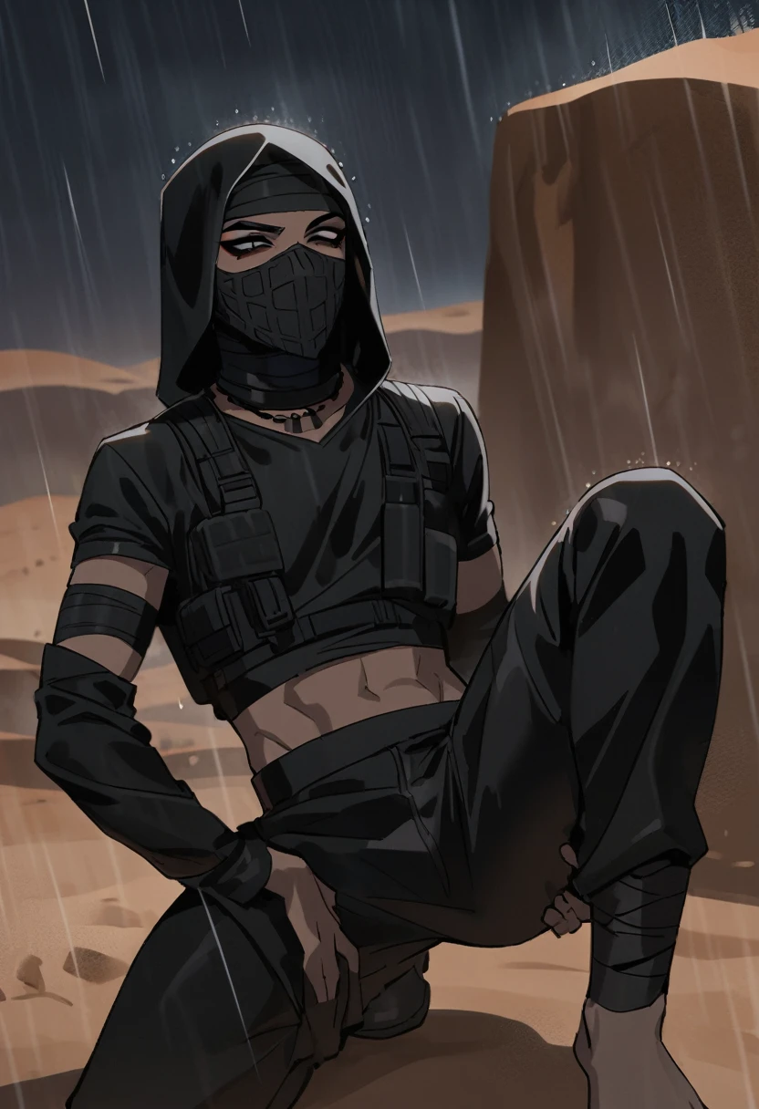 Male arab modern terrorist, terrorist, black balaclava, black bandage, black clothes, thin waist, femboy, light skin, makeup, black eyeliner, big eyelashes, black eyeshadow, choker, desert, night, rain, holds his leg