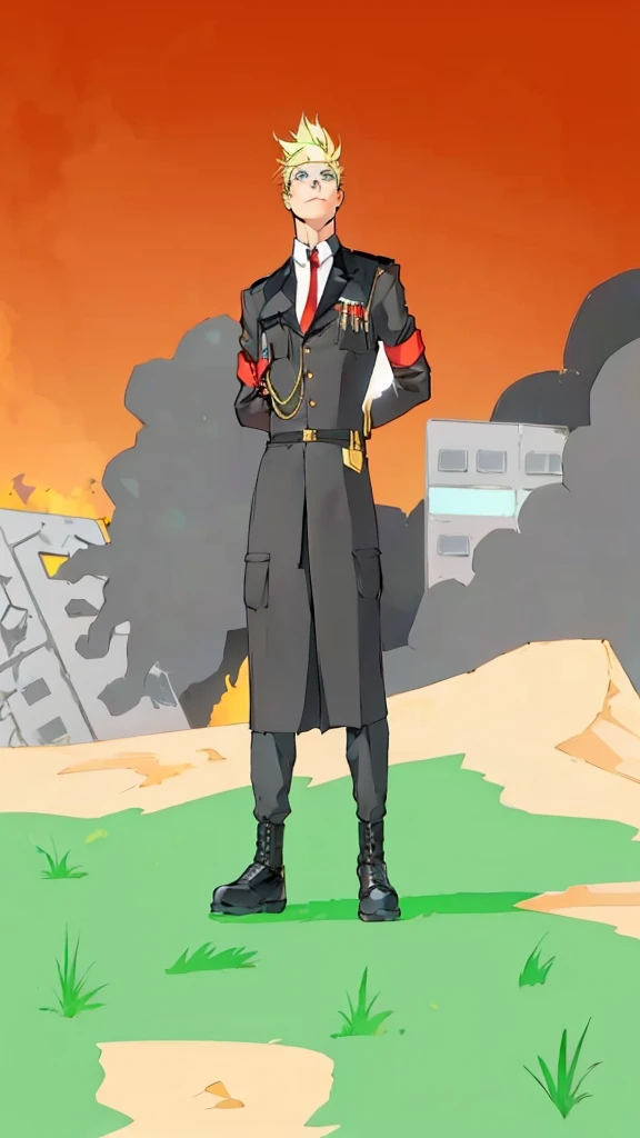 Man in his 30s wearing black military uniform, He carries a dark trench coat with gold details, He has two red bracelets on his arms and some medals hang on the left chest area., wears black military shoes. The man has blonde hair and blue eyes, He looks at the sky while having his arms back. In the background of the image you can see a destroyed and burning city