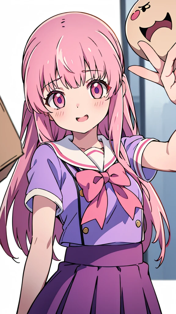 1girl,pink hair, pink eyes with love, detailed eyes, straight hair, straight bangs, shiny hair,
,red bowtie,purple skirt,purple shirt,pleated skirt,short sleeves,looking at viewer, high-definition,masterpiece,best quality, masterpiece, best quality, high resolution, aabeta, double, white simple background, standing, slim waist, cute, sailor uniform, super close up selfie, masterpiece,  Very detailed,  Big eyes、Close-up、Laughter、(((Anime Style)))、Shining Eyes、Open your mouth、smug face、front、whole body, selfie close up while posing peace