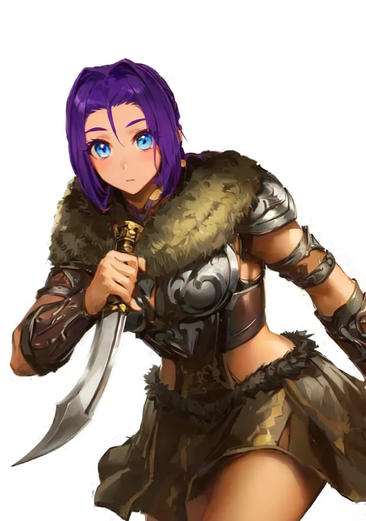 A man in brown clothes、Holding a sword、Purple hair woman, She holds a sword, Natalie in epic battle fantasy, Armor Girl, A very beautiful berserker woman, Wearing dark purple armor, Wearing fur armor, Wearing a shining breastplate, wearing intricate fur armor, female barbarian, Northern adult female warrior, Savage Female Portrait,Blue Eyes,Three Kingdoms,Dynasty Warriors,big ,sex body,Brown skin,cute,,Petite girl