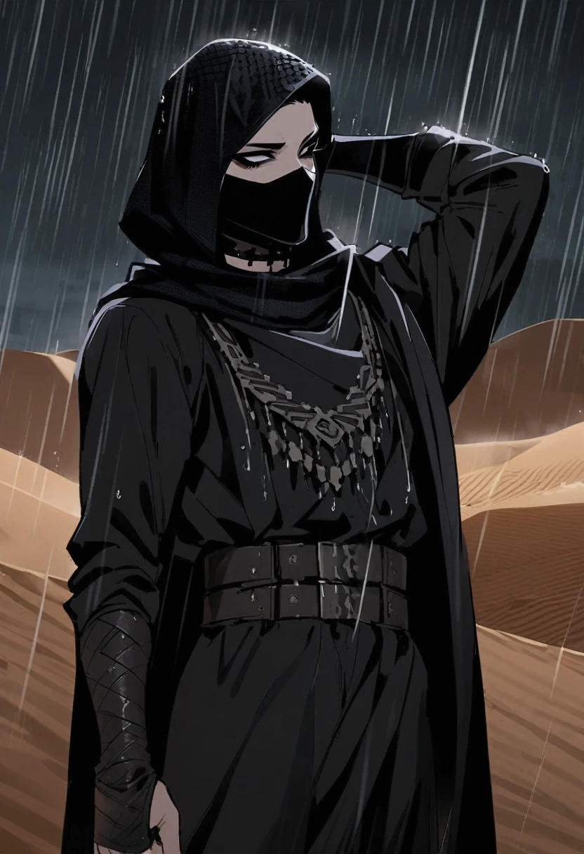 Male arab modern terrorist, terrorist, black balaclava, black clothes, thin waist, femboy, light skin, makeup, black eyeliner, big eyelashes, black eyeshadow, choker, desert, night, rain, holds his hands behind his head