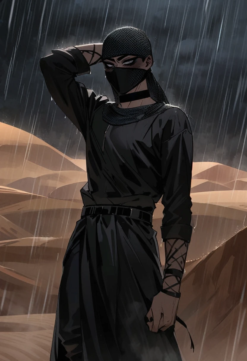 Male arab modern terrorist, terrorist, black balaclava, black clothes, thin waist, femboy, light skin, makeup, black eyeliner, big eyelashes, black eyeshadow, choker, desert, night, rain, holds his hands behind his head