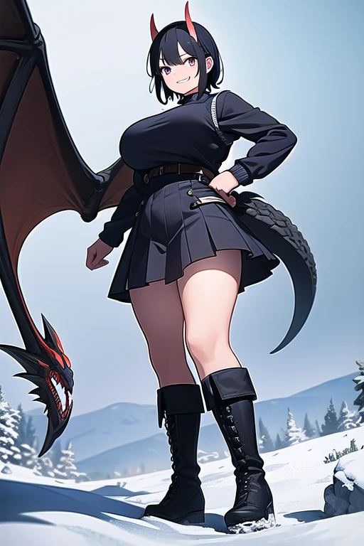 young girl with short black hair, vest, pullover, dragon horns, sharp teeth, standing, smiling, wearing, full body, winter dress, boots, long skirt, (gigantic breasts:1.3), medieval clothes, short black hair, vest, pullover, dragon horns, sharp teeth, standing, smiling, full body, winter dress, boots, long skirt, (best quality:1.2), ultra-detailed