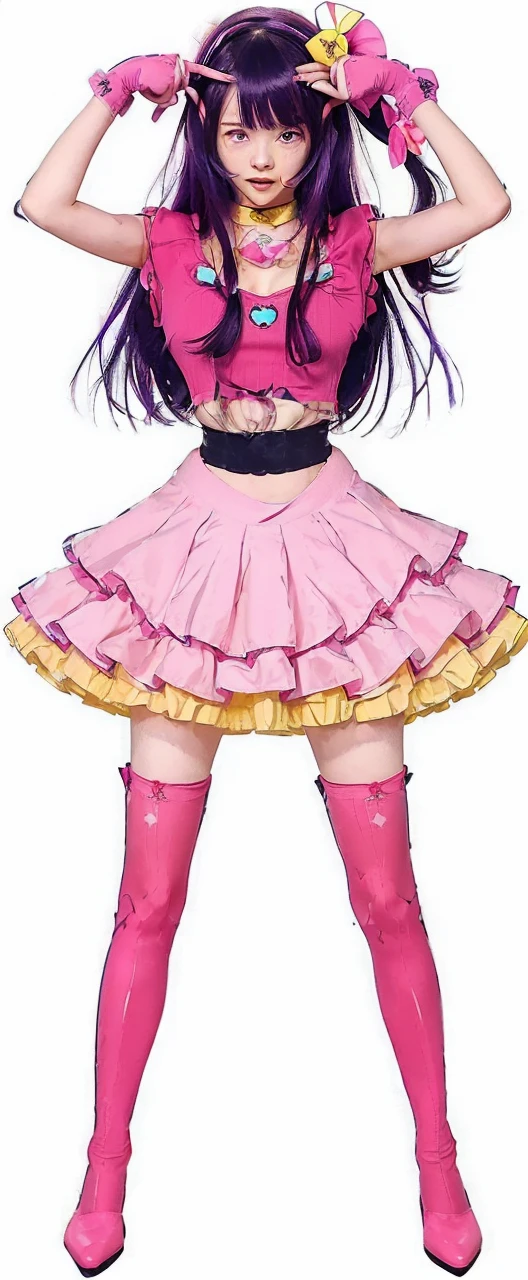 ((Ai hoshino,an anime girl with dark purple hair and light purple eyes, dressed in a striking pink and yellow outfit. She wears pink gloves, a pink bow in her hair and a headband with a yellow rabbit. Her shirt is pink with a yellow star on each side and a red heart on the chest.. She wears a black belt under a pink skirt that has multiple layers of lace with a yellow trim.. She is wearing pink stockings and high-heeled boots.. The girl is making a funny gesture with her hands, touching your head with your index and middle fingers, with a funny expression and tongue out. the background is white.))