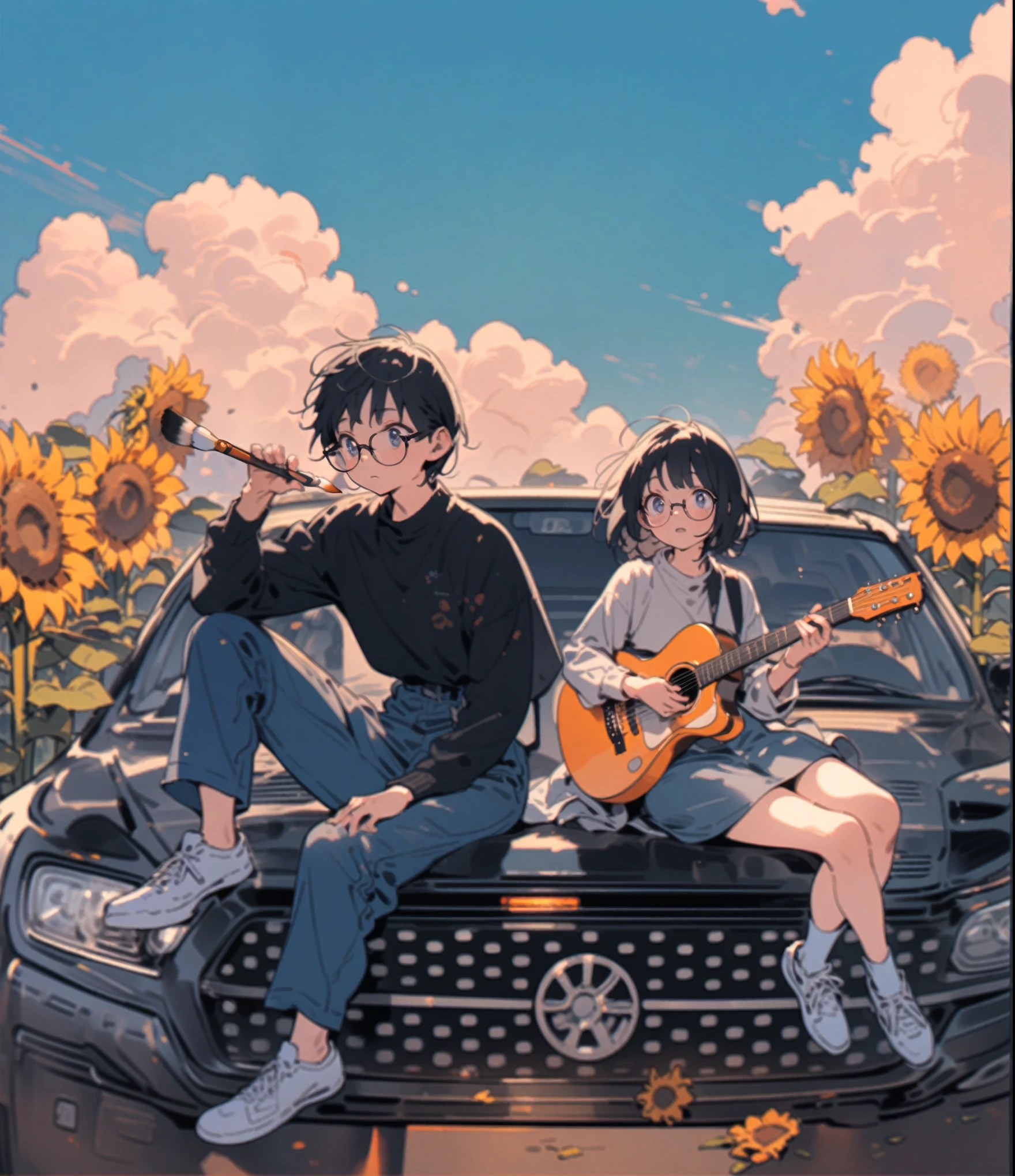 anime couple sitting in the car，sunflowers in the background, Boy holding a paintbrush，Looking into the distance，（Black short hair，wear glasses）Play the guitar，（Delicate face），masterpiece, High Detail, high resolution，