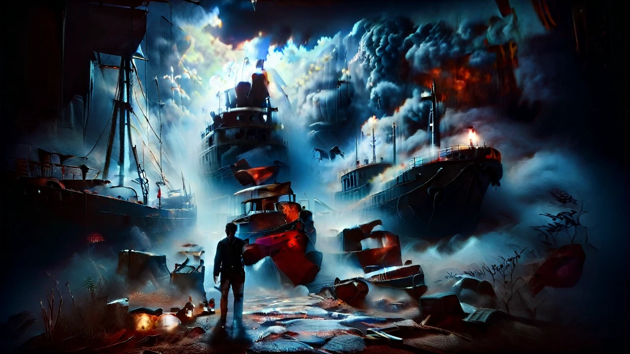 Nathan drake of uncharted game standing showing his back and in his background there is a ship which is rusty and terrifying the atmosphere is also terrific cinematic 4k