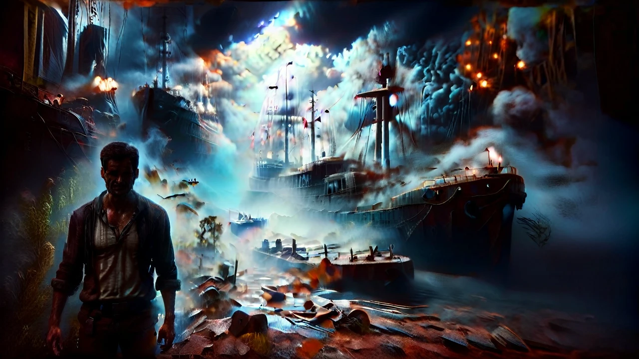 Nathan drake of uncharted game standing showing his back and in his background there is a ship which is rusty and terrifying the atmosphere is also terrific cinematic 4k