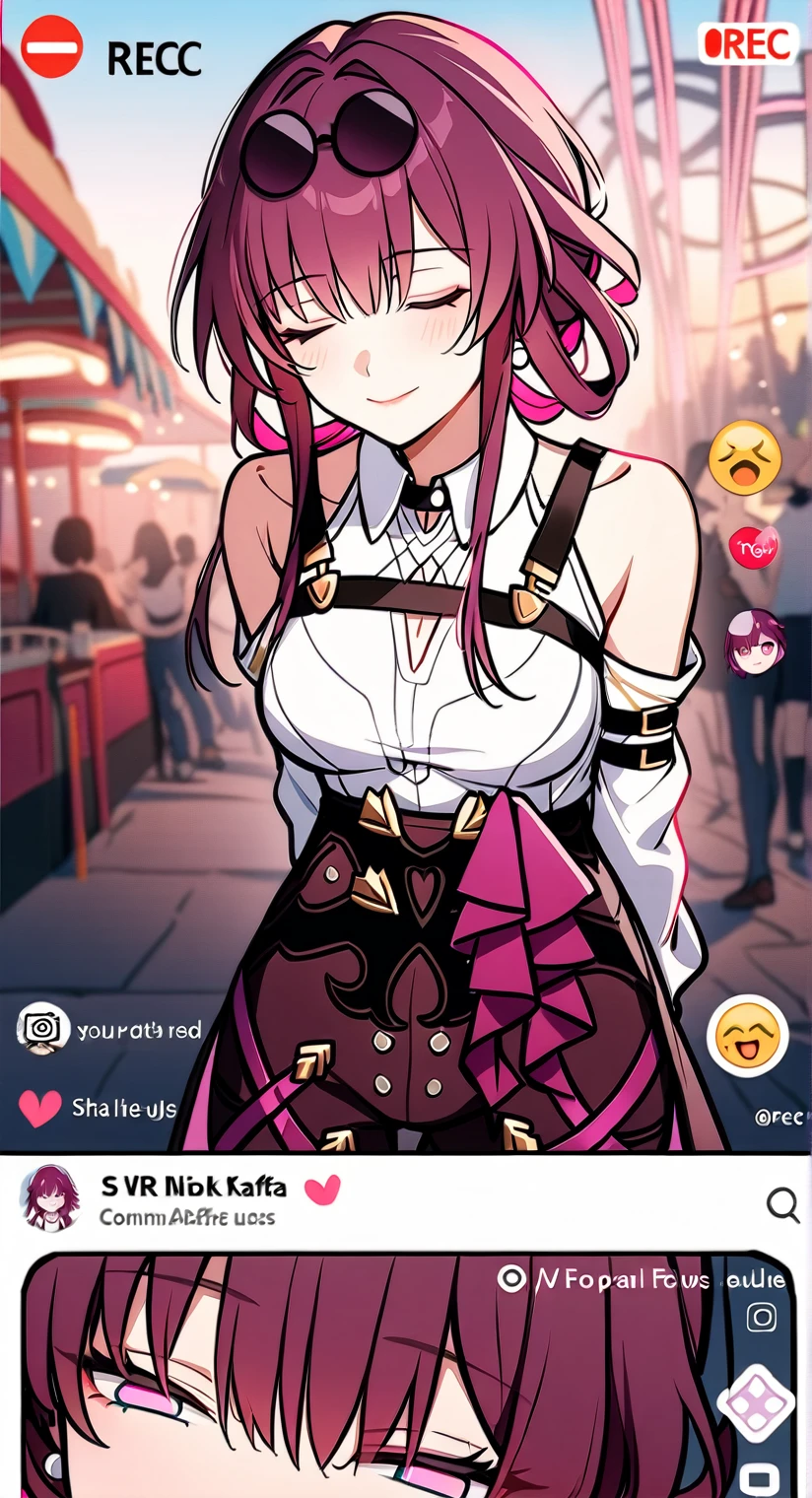 1girl, solo,kafka \(Honkai: Star Rail\), upper body, arms behind back, leaning forwards,  social media post, comment bubbles, heart, emojis, cellphone screenshot, recording interface, dress, cleavage, eyes closed, amusement park