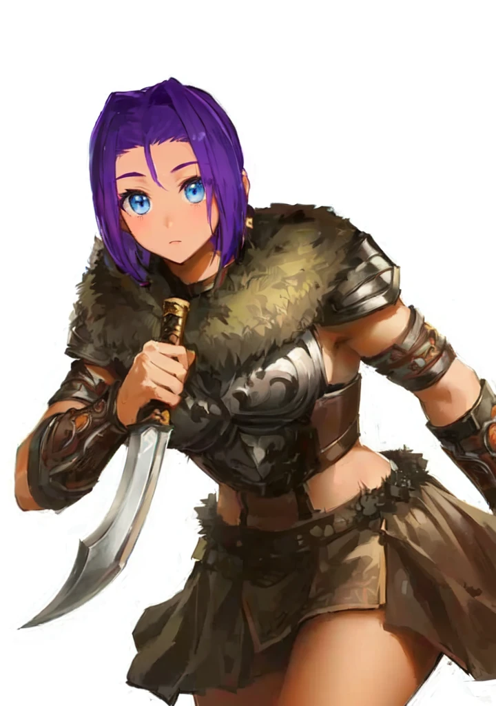 A man in brown clothes、Holding a sword、Purple hair woman, She holds a sword, Natalie in epic battle fantasy, Armor Girl, A very beautiful berserker woman, Wearing dark purple armor, Wearing fur armor, Wearing a shining breastplate, wearing intricate fur armor, female barbarian, Savage Female Portrait,Blue Eyes,Three Kingdoms,Dynasty Warriors,big ,sex body,Brown skin,cute,Loli,Petite girl
