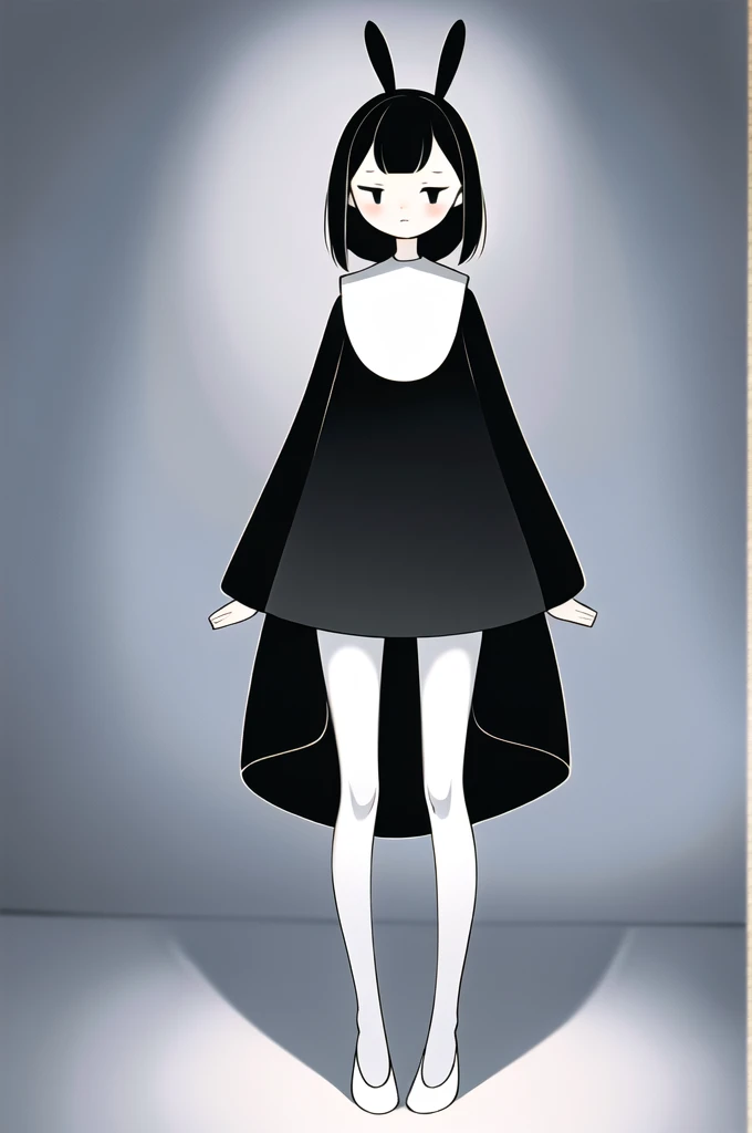 xh,1girl,monochrome,greyscale,white background,arms at sides,dress,looking at viewer,long sleeves,standing,simple background,rabbit,bangs,parted bangs,closed mouth,short hair,full body,solo,animal,pantyhose,swept bangs,whiskers,straight-on,snowing,expressionless,