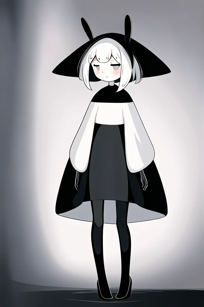 xh,1girl,monochrome,greyscale,white background,arms at sides,dress,looking at viewer,long sleeves,standing,simple background,rabbit,bangs,parted bangs,closed mouth,short hair,full body,solo,animal,pantyhose,swept bangs,whiskers,straight-on,snowing,expressionless,