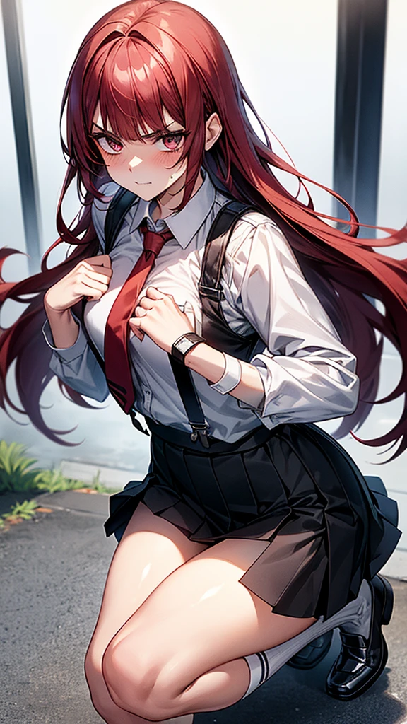 {{masterpiece}}, {{{Highest quality}}},{{Very detailed}}, {{figure}},{{tall}},{{Adult female}},,{{Fighting stance}},｛｝,{{Long sleeve mini skirt uniform}},{{on one knee}},}}{}},{fighting stance}},{},{}, ,{{}},{{Eyelet foot}},,{{blushing with anger}},{{v-shaped eyebrows}},,{{}},{{}},,Slender body}}{{Avoidance}}{{Female police officer}},,,,suspenders　,Long sleeve mini skirt uniform, White High Socks,Black fingerless gloves, Long Red Hair, Red tie,Straight hair ,Blunt bangs,Thigh holster,.amountn loafer,,blush,Wrinkles ,amount,Grit your teeth,suffering,v-shaped eyebrows.,Sweat dripping,Medium chest ,get annoyed,,Slums,,Twisting,