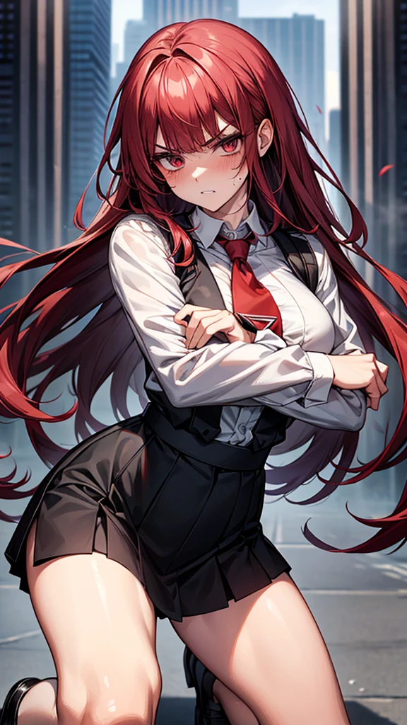 {{masterpiece}}, {{{Highest quality}}},{{Very detailed}}, {{figure}},{{tall}},{{Adult female}},,{{Fighting stance}},{},{{Long sleeve mini skirt uniform}},{{on one knee}},}}{}},{fighting stance}},{},{}, ,{{}},{{Eyelet foot}},,{{blushing with anger}},{{v-shaped eyebrows}},,{{}},{{}},,Slender body}}{{Avoidance}}{{Female police officer}},,,,suspenders ,Long sleeve mini skirt uniform, White High Socks,Black fingerless gloves, Long Red Hair, Red tie,Straight hair ,Blunt bangs,Thigh holster,.amountn loafer,,blush,Wrinkles ,amount,Grit your teeth,suffering,v-shaped eyebrows.,Sweat dripping,Medium chest ,get annoyed,,Slums,,Twisting,