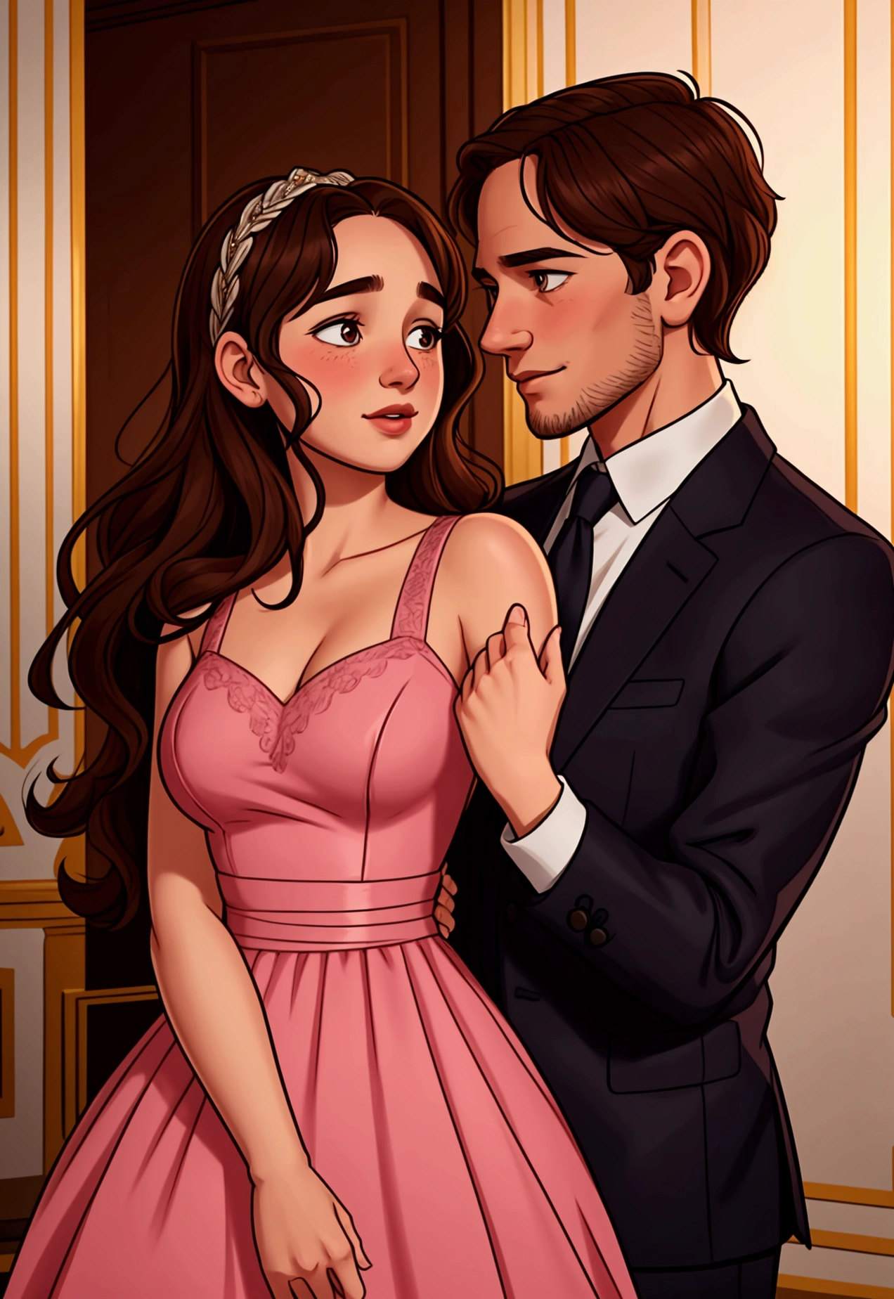 Illustration of the couple from the film Me Before You. She is 28 years old with long brown hair, and wears a pink dress. He has 30 years of stubble. He looks like Emilia Clark and he looks like Sam Clafim