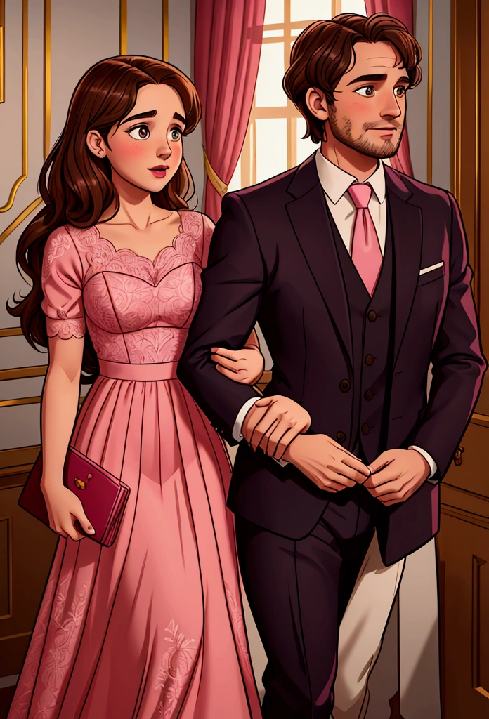 Illustration of the couple from the film Me Before You. She is 28 years old with long brown hair, and wears a pink dress. He has 30 years of stubble. He looks like Emilia Clark and he looks like Sam Clafim