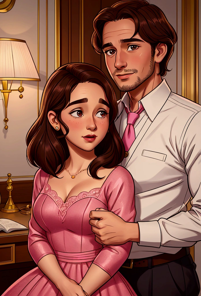 Illustration of the couple from the film Me Before You. She is 28 years old with long brown hair, and wears a pink dress. He has 30 years of stubble. He looks like Emilia Clark and he looks like Sam Clafim