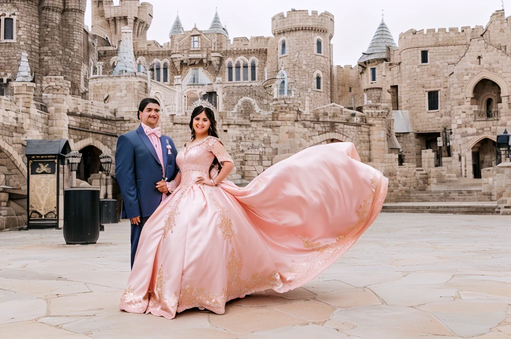 There are a man and a woman standing in front of a castle, Wearing a pink ballroom dress, photo taken with nikon d750, photo tomada with nikon d 7 5 0, princess in closeup, by Randy Gallegos, Standing next to the Royal Castle!!!, regal pose, royal dress, raised, profusely dressed, pose 1 of 1 6