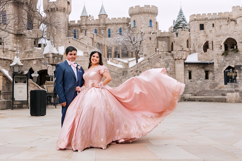 There are a man and a woman standing in front of a castle, Wearing a pink ballroom dress, photo taken with nikon d750, photo tomada with nikon d 7 5 0, princess in closeup, by Randy Gallegos, Standing next to the Royal Castle!!!, regal pose, royal dress, raised, profusely dressed, pose 1 of 1 6