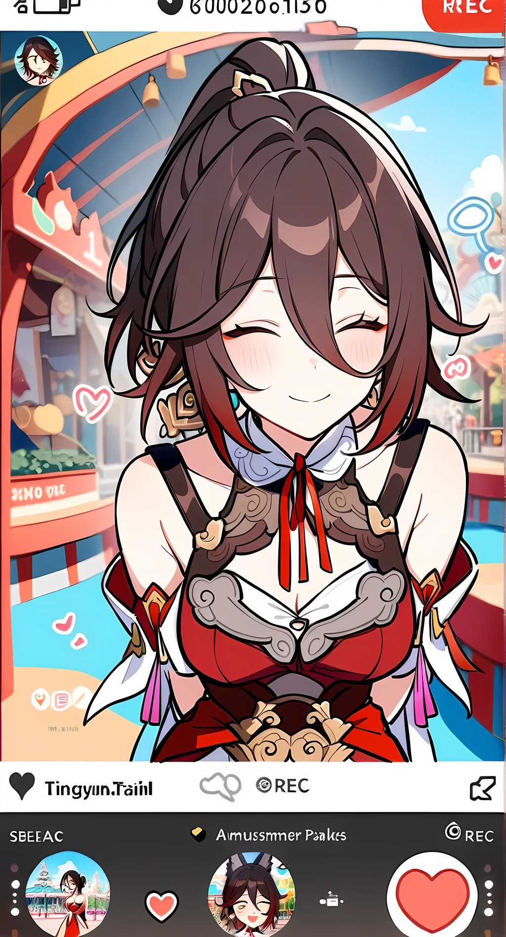 1girl, solo,Tingyun \(Honkai: Star Rail\), upper body, arms behind back, leaning forwards,  social media post, comment bubbles, heart, emojis, cellphone screenshot, recording interface, dress, cleavage, eyes closed, amusement park