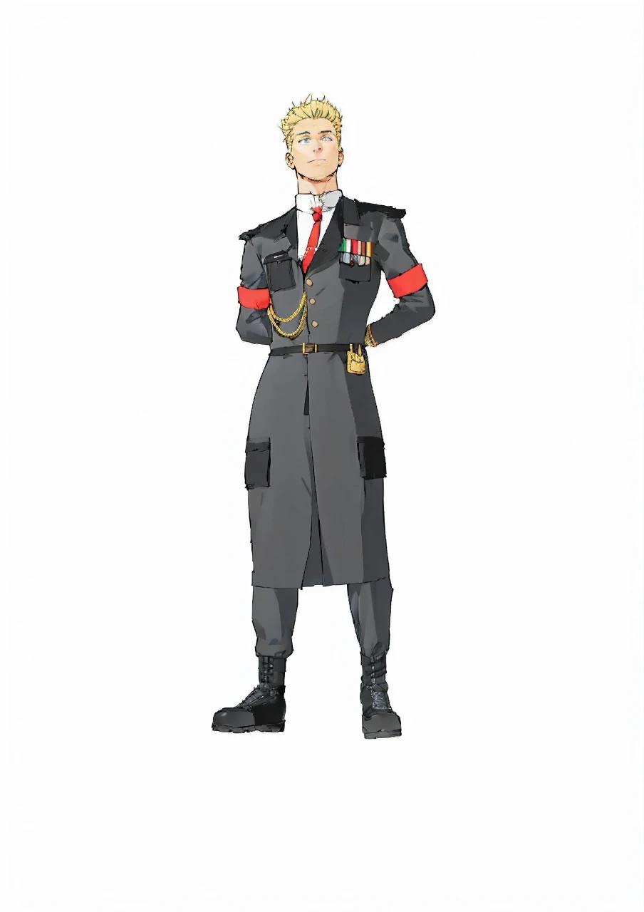 Man in his 30s wearing black military uniform, He carries a dark trench coat with gold details, He has two red bracelets on his arms and some medals hang on the left chest area., wears black military shoes. The man has blonde hair and blue eyes, He looks at the sky while having his arms back. In the background of the image you can see a destroyed and burning city