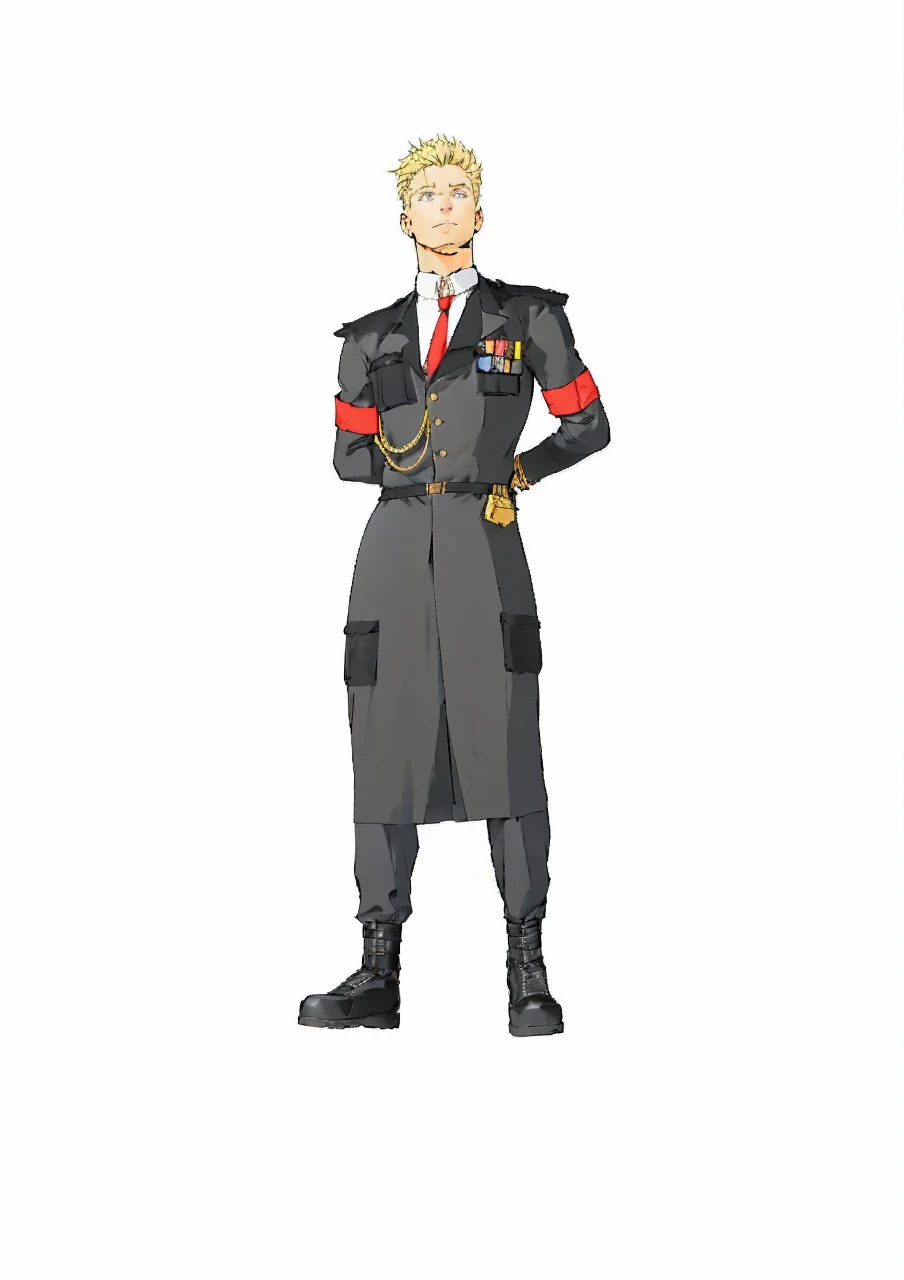 Man in his 30s wearing black military uniform, He carries a dark trench coat with gold details, He has two red bracelets on his arms and some medals hang on the left chest area., wears black military shoes. The man has blonde hair and blue eyes, He looks at the sky while having his arms back. In the background of the image you can see a destroyed and burning city