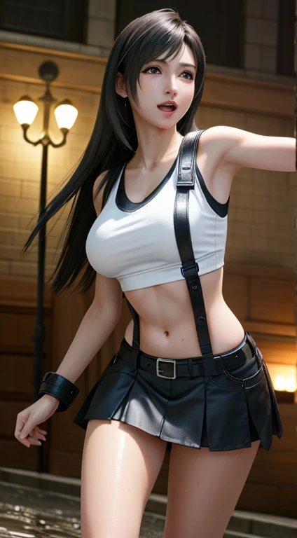 (Top Quality, Masterpiece: 1.1), (Realistic: 1.3), BREAK (((FF7,Tifa_lockhart))),(tifa_lockhart and monsters), (open mouth, clenched fist, action pose,:1.1), ((fight against)),,(A dark, barely lit torture chamber:1.3,wet:1.2,night:1.1,handcuffs:1.3,restraint:1.2,chain),(face focus:1.1),  BREAK (((FF7,Tifa_lockhart))),(Long Straight Brown Hair, Big breasts: 1.5),(Tifa_lockhart uniform:1.3, suspenders, low rise, mini skirt, tank top,torn uniform:1.3,torn tank top:1.3),abrasion:1.5,  BREAK (((FF7,Tifa_lockhart))),(shiny oiled skin: 1.1),(crowd of monster:1.3),(many monsters:1.2),  ((stringy viscous liquid)),wet hair, about 18 years old,sensual, looking me:1.2, (sweat on body:1.3)