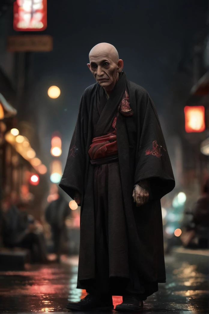Steampunk night city、Red moon in the sky、Brilliant Light、Full Body Shot、Horror-themed movie stills,、A short, big-headed man of about 80 years old, Skinhead、No horns、Head enlargement（Head size 1:9）、(Full body portrait:1.3), Nurarihyon、I'm wearing a kimono, Shallow depth of field, Vignette, Very detailed, High budget, Bokeh, CinemaScope, Sulky, amazing, nice, Film Grain, granular . Creepy, Anxious, dark, Creepyな, Suspenseful, strict, Very detailed