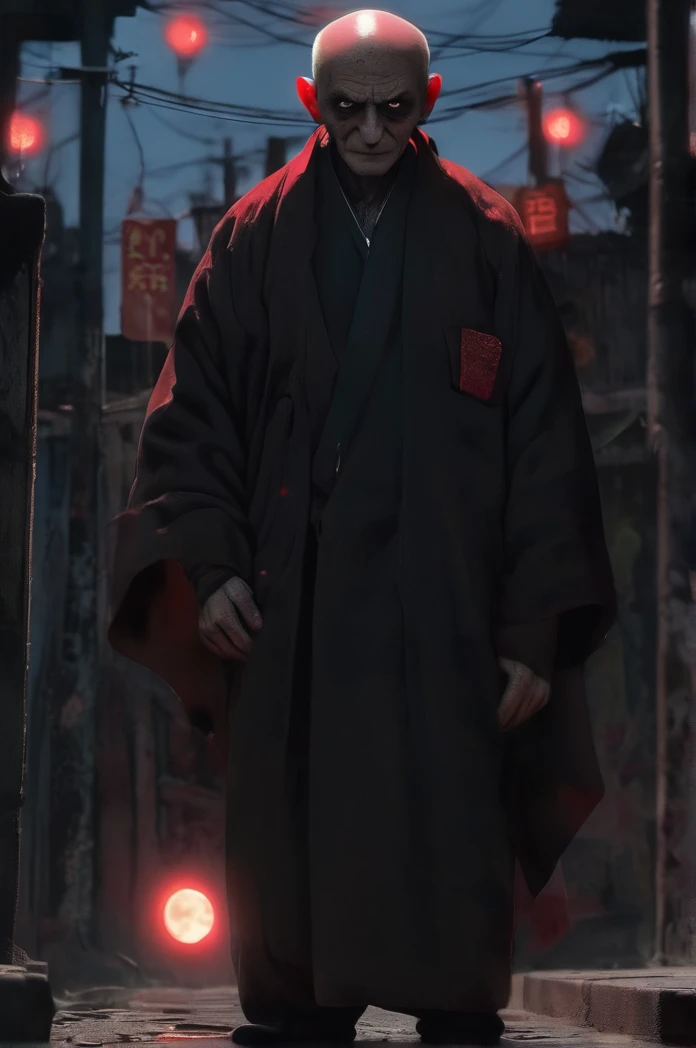 Steampunk night city、Red moon in the sky、Brilliant Light、Full Body Shot、Horror-themed movie stills,、A short, big-headed man of about 80 years old, Skinhead、No horns、Head enlargement(Head size 1:9)、(Full body portrait:1.3), Nurarihyon、I'm wearing a kimono, Shallow depth of field, Vignette, Very detailed, High budget, Bokeh, CinemaScope, Sulky, amazing, nice, Film Grain, granular . Creepy, Anxious, dark, Creepyな, Suspenseful, strict, Very detailed