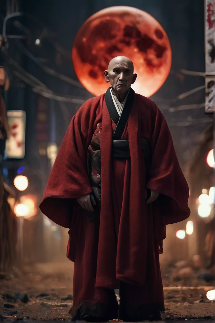 Steampunk night city、Red moon in the sky、Brilliant Light、Full Body Shot、Horror-themed movie stills,、A short, big-headed man of about 80 years old, Skinhead、No horns、Head enlargement(Head size 1:9)、(Full body portrait:1.3), Nurarihyon、I'm wearing a kimono, Shallow depth of field, Vignette, Very detailed, High budget, Bokeh, CinemaScope, Sulky, amazing, nice, Film Grain, granular . Creepy, Anxious, dark, Creepyな, Suspenseful, strict, Very detailed