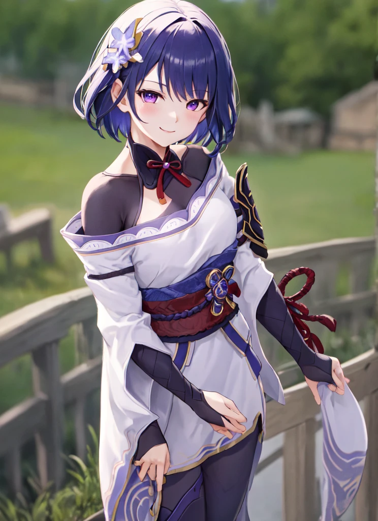 General Raiden Def, Upper Body, smile, blush, Outdoor, Day, Simple Background, blue null, short hair, null, View your viewers, In-person audience,beautiful、high resolution