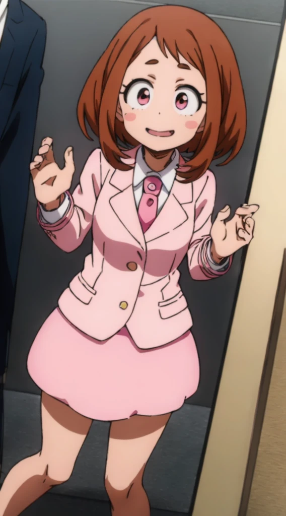 ochaco_uraraka, 1girl, solo, pink skirt suit, necktie, blush_stickers, pink pencil skirt, smile, pink blazer, long sleeves, white_shirt, blush, standing, indoors, office, full_body, high_heels (un bikini de color rosa)