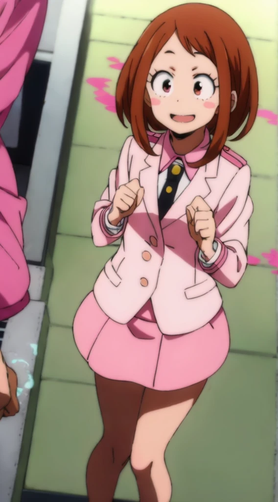 ochaco_uraraka, 1girl, solo, pink skirt suit, necktie, blush_stickers, pink pencil skirt, smile, pink blazer, long sleeves, white_shirt, blush, standing, indoors, office, full_body, high_heels (un bikini de color rosa)