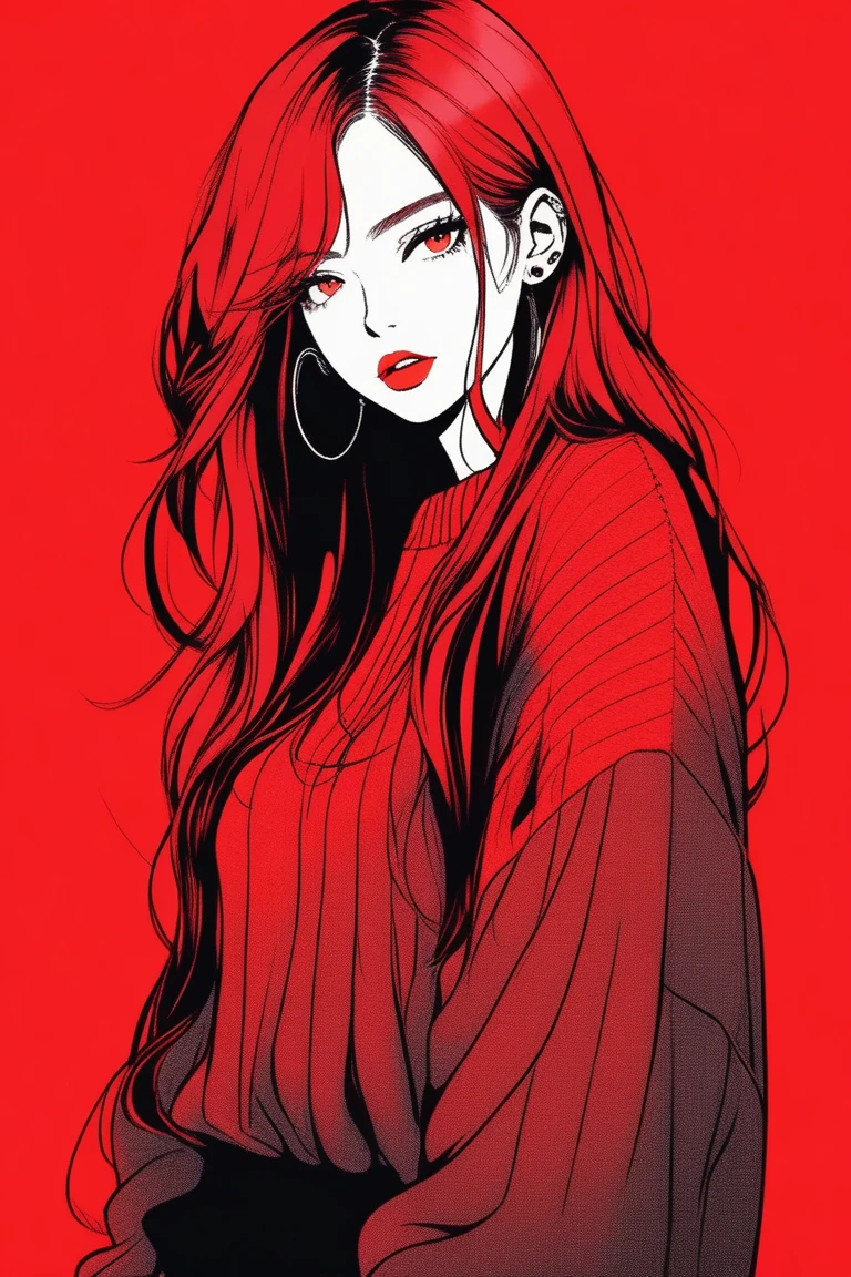 (best quality, sketch:1.2),realistic,illustrator,anime,1 girl, detailed lips, sweater, custom, red gradient background, neon hair, long straight hair, textured cropping, masterpiece, style retro classic, noir dark