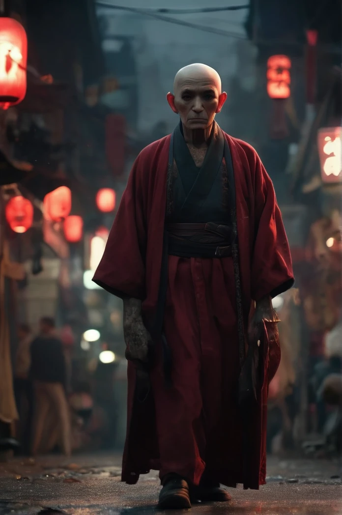 Steampunk night city、Red moon in the sky、Brilliant Light、Full Body Shot、Horror-themed movie stills,、big headed old man, Skinhead、No horns、Head enlargement(Head size 1:9)、(Full body portrait:1.3), Nurarihyon、I'm wearing a kimono, Shallow depth of field, Vignette, Very detailed, High budget, Bokeh, CinemaScope, Sulky, amazing, nice, Film Grain, granular . Creepy, Anxious, dark, Creepyな, Suspenseful, strict, Very detailed