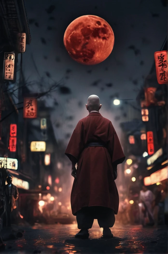 Steampunk night city、Red moon in the sky、Brilliant Light、Full Body Shot、Horror-themed movie stills,、A short, big-headed man of about 80 years old, Skinhead、No horns、Head enlargement(Head size 1:9)、(Full body portrait:1.3), Nurarihyon、I'm wearing a kimono, Shallow depth of field, Vignette, Very detailed, High budget, Bokeh, CinemaScope, Sulky, amazing, nice, Film Grain, granular . Creepy, Anxious, dark, Creepyな, Suspenseful, strict, Very detailed