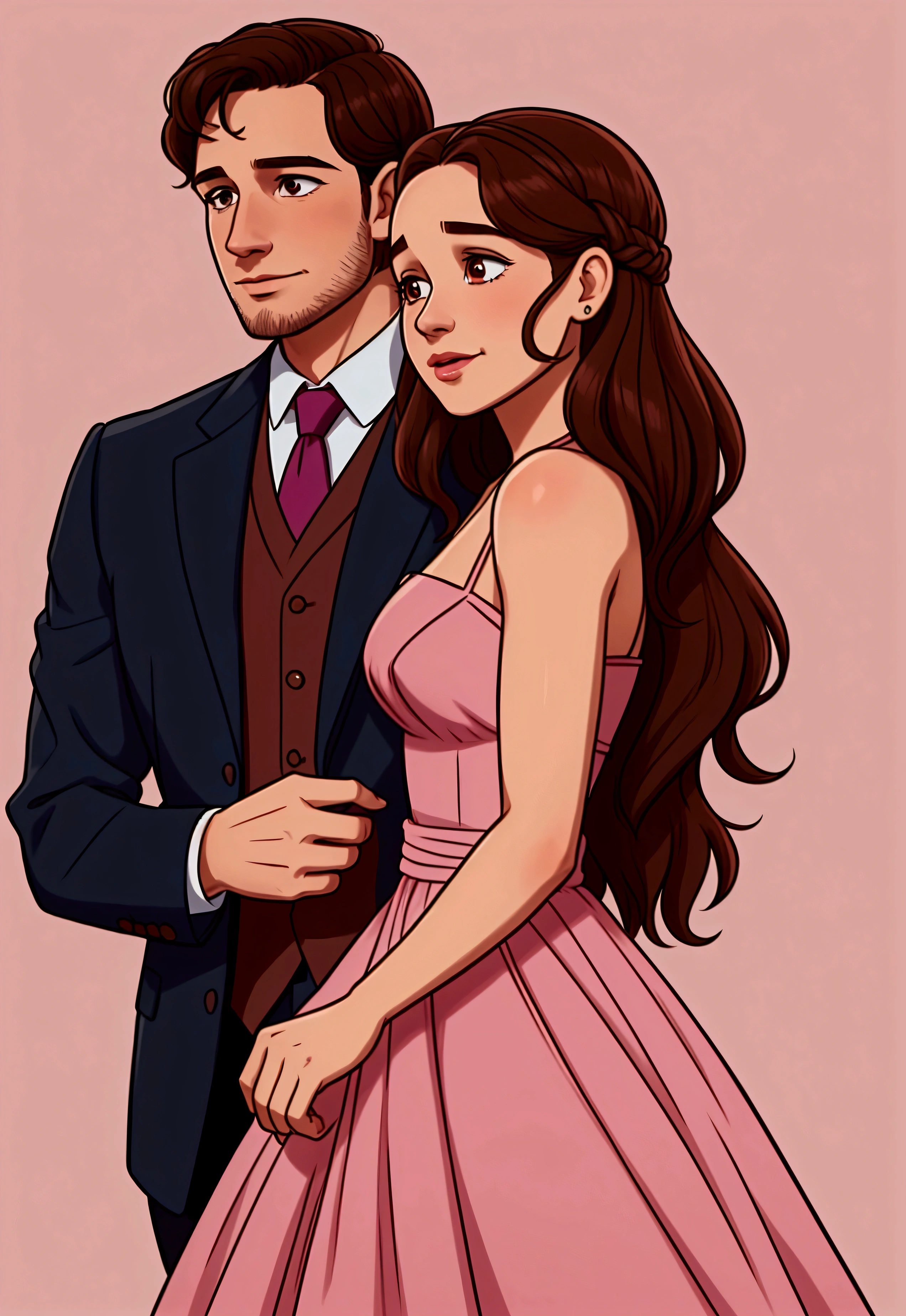 Illustration of the couple from the film Me Before You. She is 28 years old with long brown hair, and wears a pink dress. He has 30 years of stubble. He looks like Emilia Clark and he looks like Sam Clafim