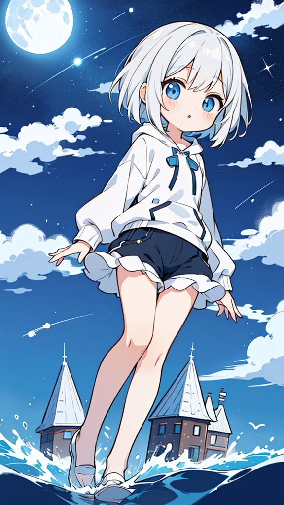 Seven-doppelganger shot,Anime style 4K,High quality anime art style,Standing painting,Splash ink background,Blue Themes、Pure white background,Buildings,Face close-up,Buildings,Moon and sun、Shining Star々,milky way,Bright Sky,Looking at me,Facing forward,Clear eyes and nose,cute,beautiful,Thin legs,sitting by the water, White hair, Blue eyes, girl, bob, front, whole body,White hoodie, Gray shorts,White and blue shoes,(((Anime style))),cute,Blue Background,Shortcuts,whale,Lolita Fashion,Short Bob,Black Hair