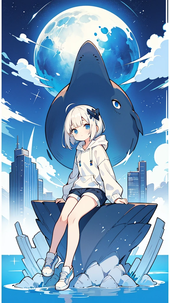 Seven-doppelganger shot,Anime style 4K,High quality anime art style,Standing painting,Splash ink background,Blue Themes、Pure white background,Buildings,Face close-up,Buildings,Moon and sun、Shining Star々,milky way,Bright Sky,Looking at me,Facing forward,Clear eyes and nose,cute,beautiful,Thin legs,sitting by the water, White hair, Blue eyes, girl, bob, front, whole body,White hoodie, Gray shorts,White and blue shoes,(((Anime style))),cute,Blue Background,Shortcuts,whale,Lolita Fashion,Short Bob,Black Hair
