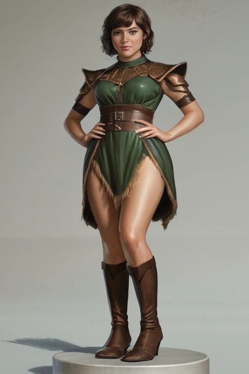 An illustrated movie poster, hand-drawn, full color, a teenage elf girl, wearing an elvin tunic, resembles Mary Elizabeth Winstead, bronze skintone, very tall, athletic body, hourglass figure, curvy, slightly chubby, bottom-heavy, generous hips, massive bubble-butt, ridiculously thick powerful thighs, amber brown eyes, long pointy elf ears, dark hair, shaggy bob, posing on a pedestal, wet glistening skin, hard shadows, graphite shading, stencil marks, airbrushed acrylic paint, masterpiece, in the style of the Witcher