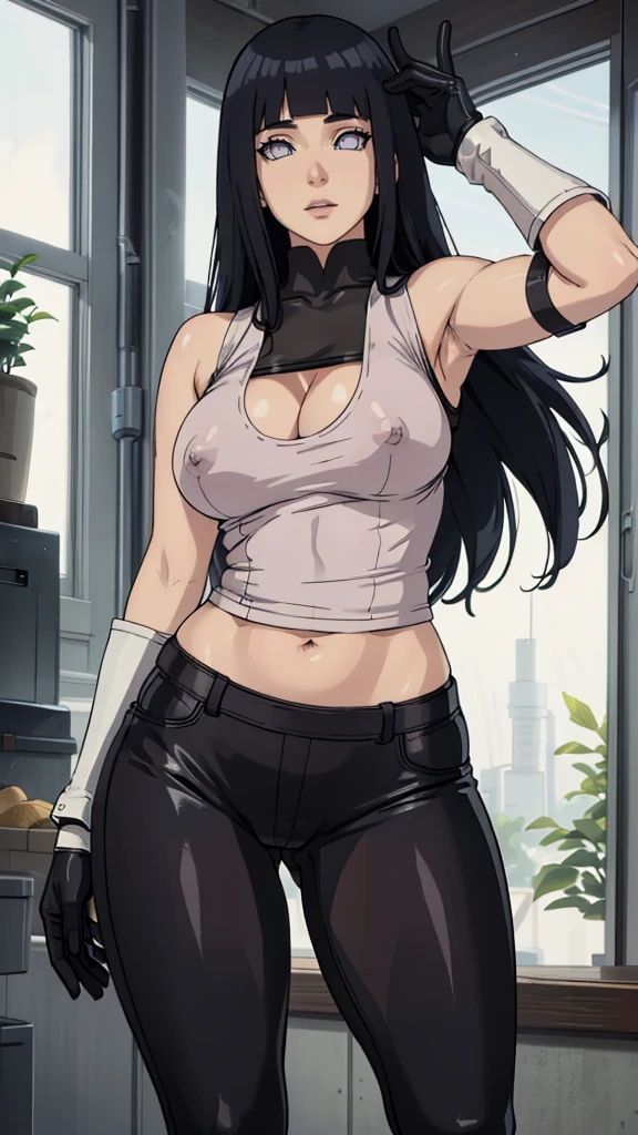 (best quality:1.3), hinata hyuga, busty, cleavage, seductive, sexy, curvy body, leather tank top, leather pants, [show cameltoe], [nipples], (((long hair))), gloves, arm protectors