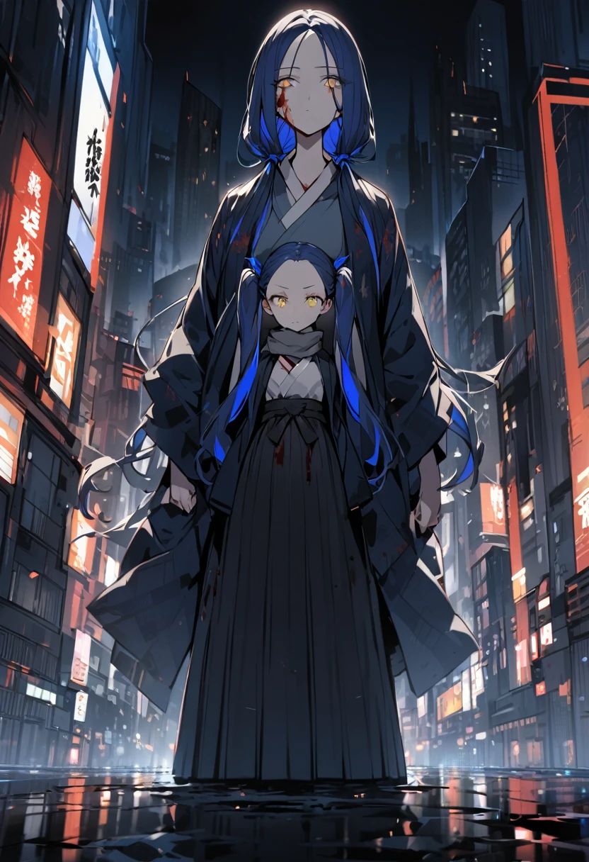 (One very tall woman,Navy Blue Hair,Her hairstyle is twin tails that expose her forehead.,yellow eyes,Medium Bust,Bloody Face、Japanese Spear)Black haori,Black Hakama,Wear a grey scarf around your neck,The background is a night city