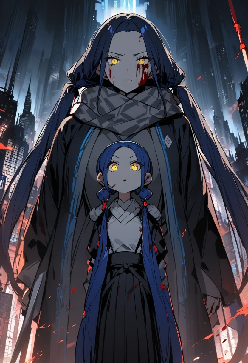 (One very tall woman,Navy Blue Hair,Her hairstyle is twin tails that expose her forehead.,yellow eyes,Medium Bust,Bloody Face、Japanese Spear)Black haori,Black Hakama,Wear a grey scarf around your neck,The background is a night city