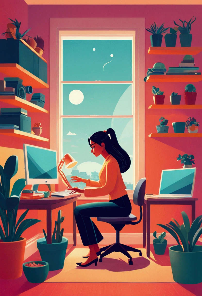 illustration of a woman working on a computer through a room with various objects, editorial illustration vividlcolor, in style of james gilleard, illustration style, james gilleard artwork, flat illustration, in style of digital illustration, magazine illustrations, editorial illustration, digital illustration -, #illustration, magazine illustration, inspired by James Gilleard, modern illustration, illustration | rutkowski, stylized digital illustration