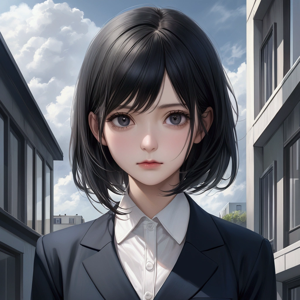 cute woman, bigger than a building, , No expression, 7:3 parting, semi-long, black hair, black eyes, Navy suit, white shirt, navy wrap skirt,cloudy sky , realistic ,low-angie