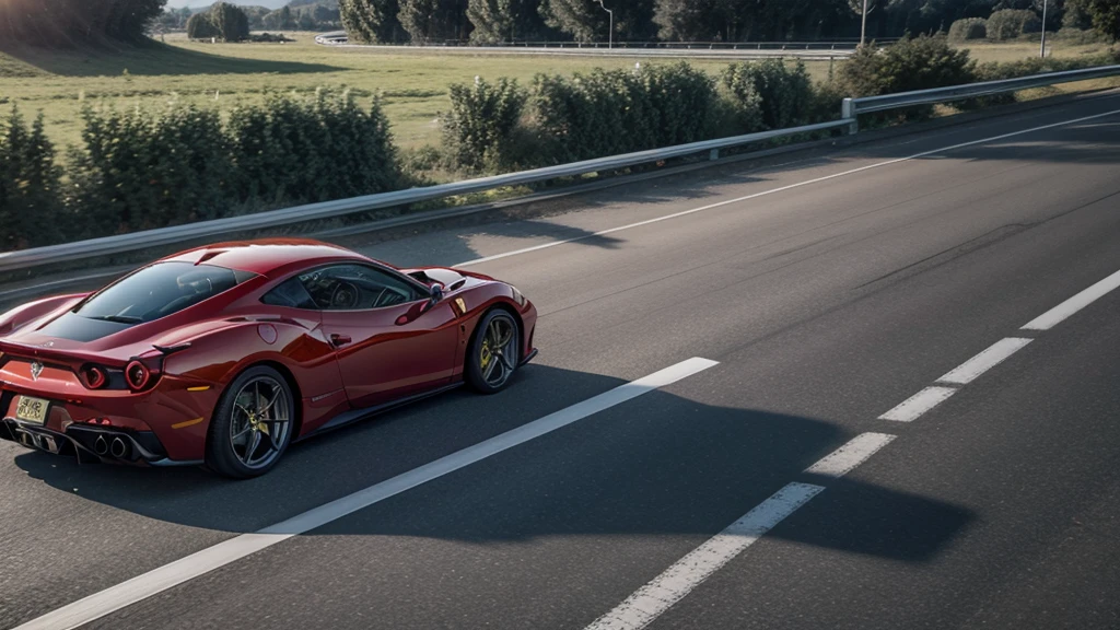 red ferrari on a highway in sunny day realistic dark glass 4k