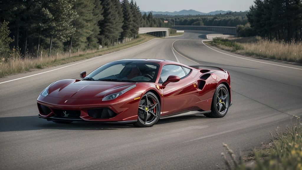 red ferrari on a highway in sunny day realistic dark glass 4k