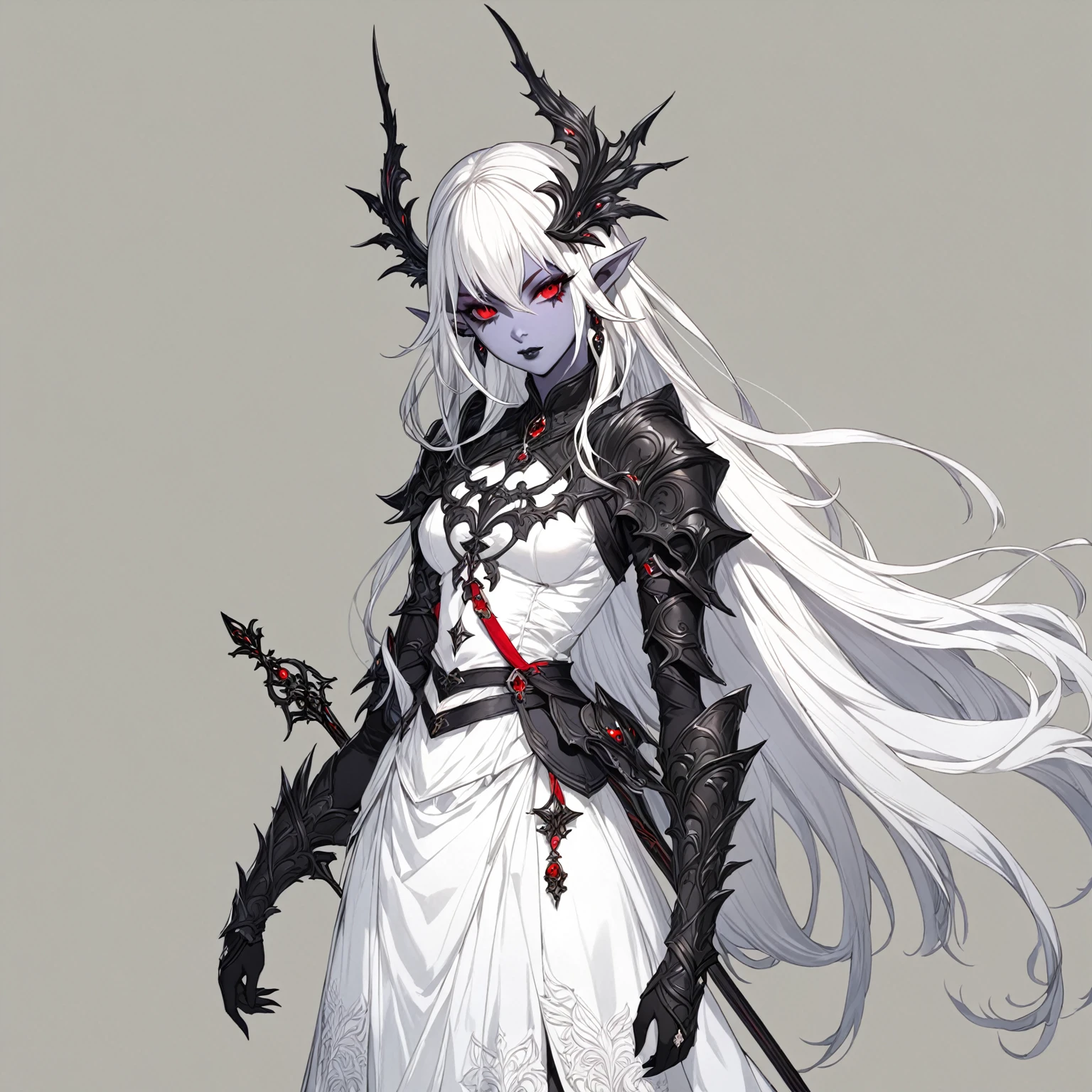 masterpiece, best quality, good quality, Fantasy Aesthetic, Highly detailed, shadowverse style, female, black hair, black skin, drow, black sclera, pointy ear, long hair, red eye