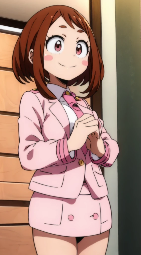 ochaco_uraraka, 1girl, solo, pink skirt suit, necktie, blush_stickers, pink pencil skirt, smile, long sleeves, white_shirt, blush, standing, indoors, office, full_body, high_heels (un bikini de color rosa)