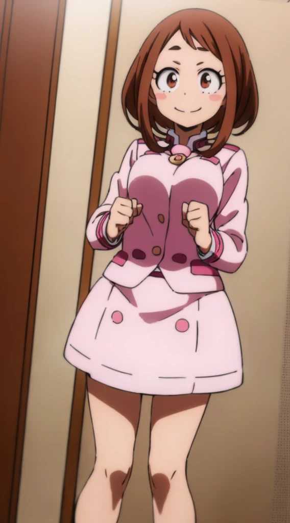 ochaco_uraraka, 1girl, solo, pink skirt suit, necktie, blush_stickers, pink pencil skirt, smile, long sleeves, white_shirt, blush, standing, indoors, office, full_body, high_heels (un bikini de color rosa)